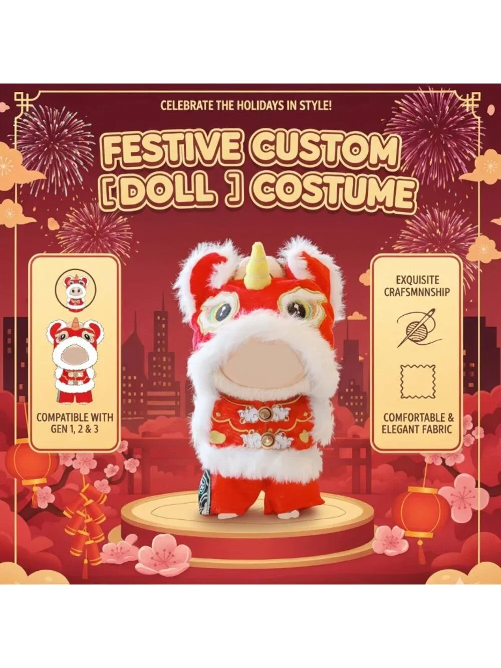 Festive 3-Pack Doll Clothes Set for 15-17cm Figures | Lion Dance Costume Outfit